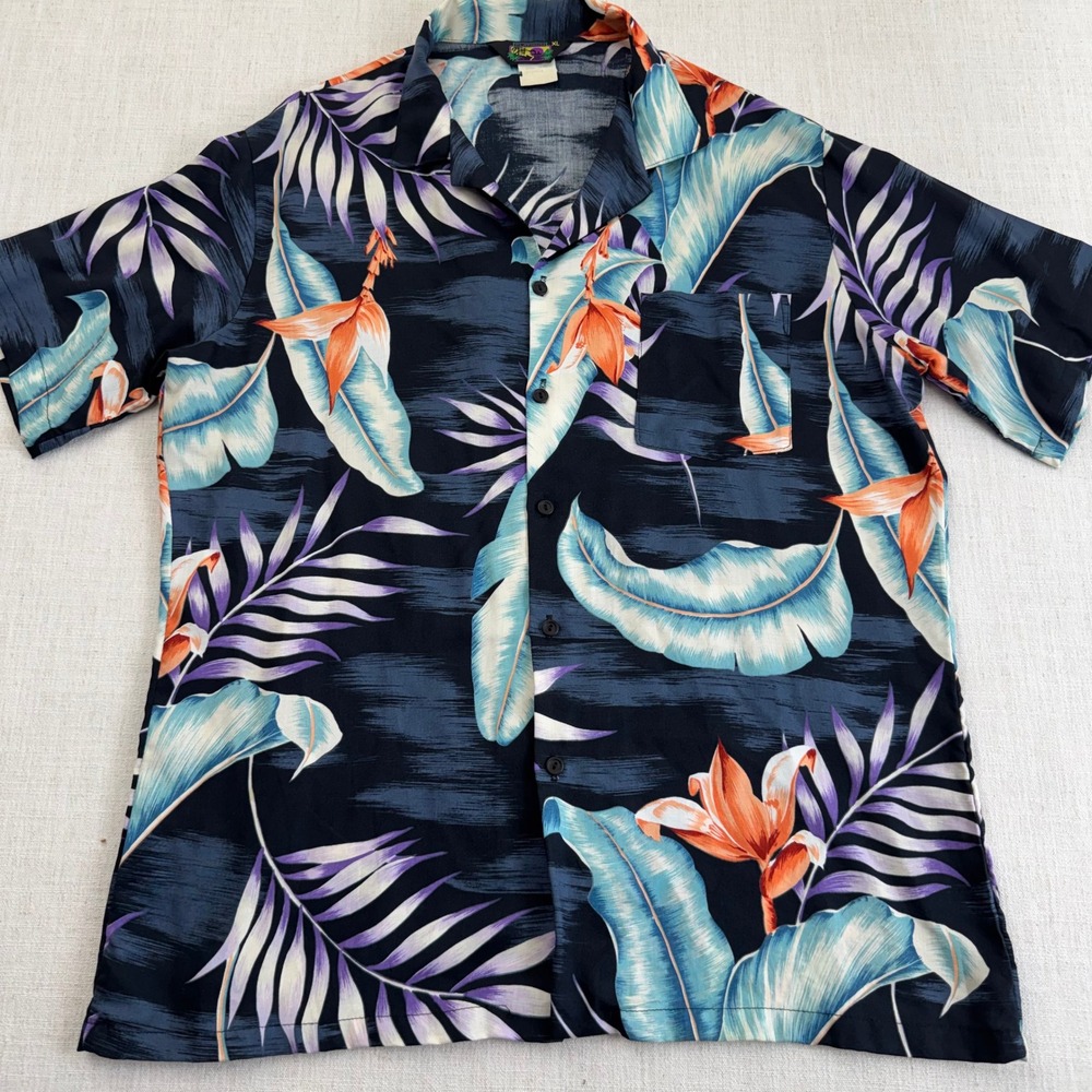 Vintage Platinum Hawaiian Shirt Mens XL Navy Blue Tropical Rayon Camp Shirt USA‎